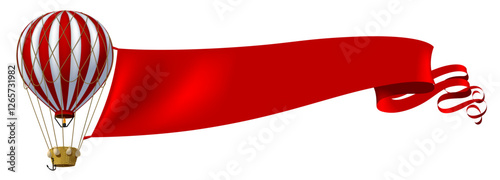 Flying striped red and white air balloon with a big waving advertising red banner isolated on white. Vector Illustration in 3d style