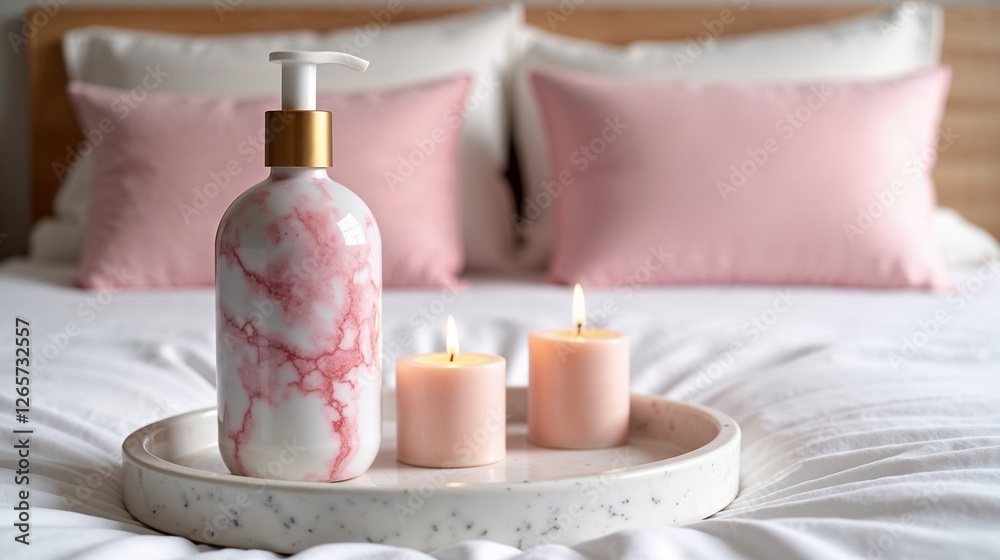 Beautiful shampoo bottle and candles on a tray in a stylish bedroom Beautiful shampoo bottle and candles on a tray in a stylish bedroom