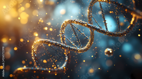 3D DNA Molecule Rendering in Blue and Gold