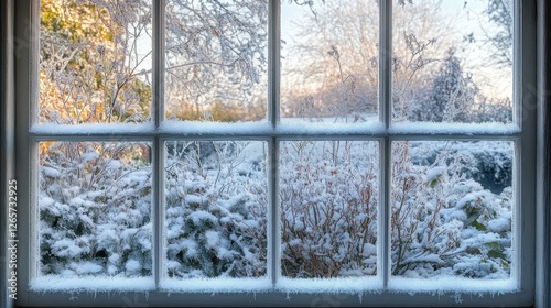 Snowy garden seen through a frosty window pane view