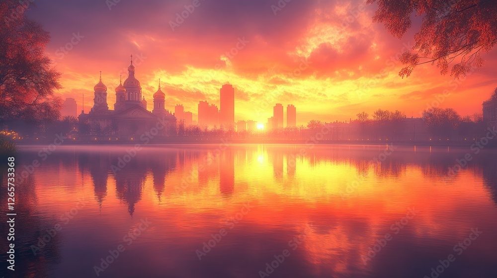 Fototapeta premium Autumnal sunrise over cityscape reflected in lake