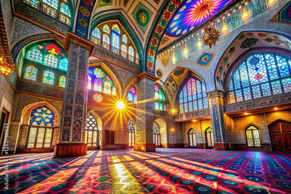Obraz premium Drone View: Sunlit Mosque, Divine Rays Illuminating Muslim Prayers in Stained Glass Sanctuary