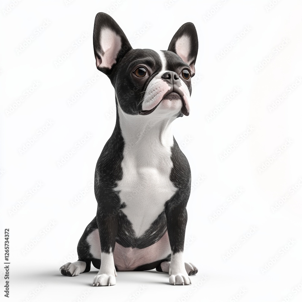 Realistic 3D Render of Boston Terrier Sitting Attentively Realistic 3D Render of Boston Terrier Sitting Attentively