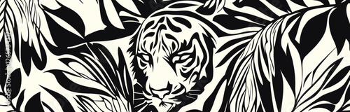 Zebra Skin Pattern Seamless Design with Wild Animal Motifs, Including Tiger, Lion, and Feline Elements, in A Tribal and Bold Illustration Style.