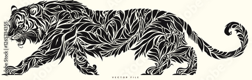 Vector Image of A Black and White Dog with Tribal Tattoo Style, Featuring a Wild Animal Design and Silhouette, Representing Power and Nature
