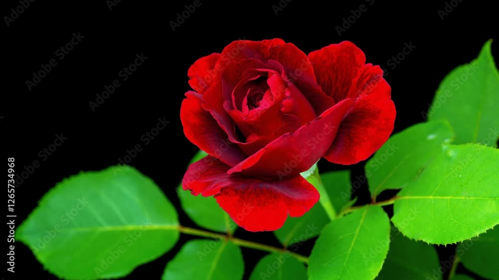 A single deep red rose in bloom against a black background A single deep red rose in bloom against a black background