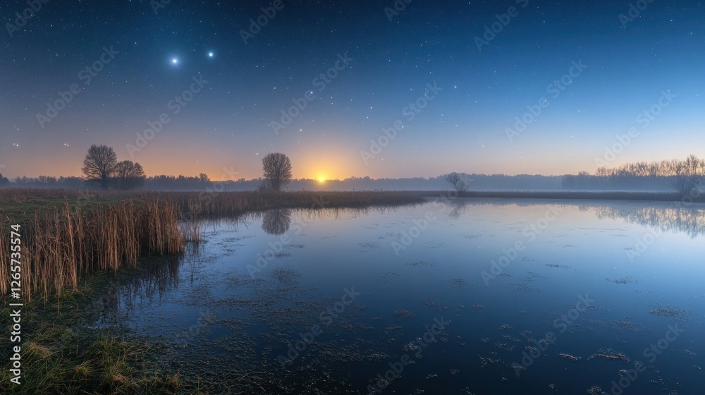 Magical Landscape: Lake Reflection Under the Starry Sky and Rising Sun Magical Landscape: Lake Reflection Under the Starry Sky and Rising Sun