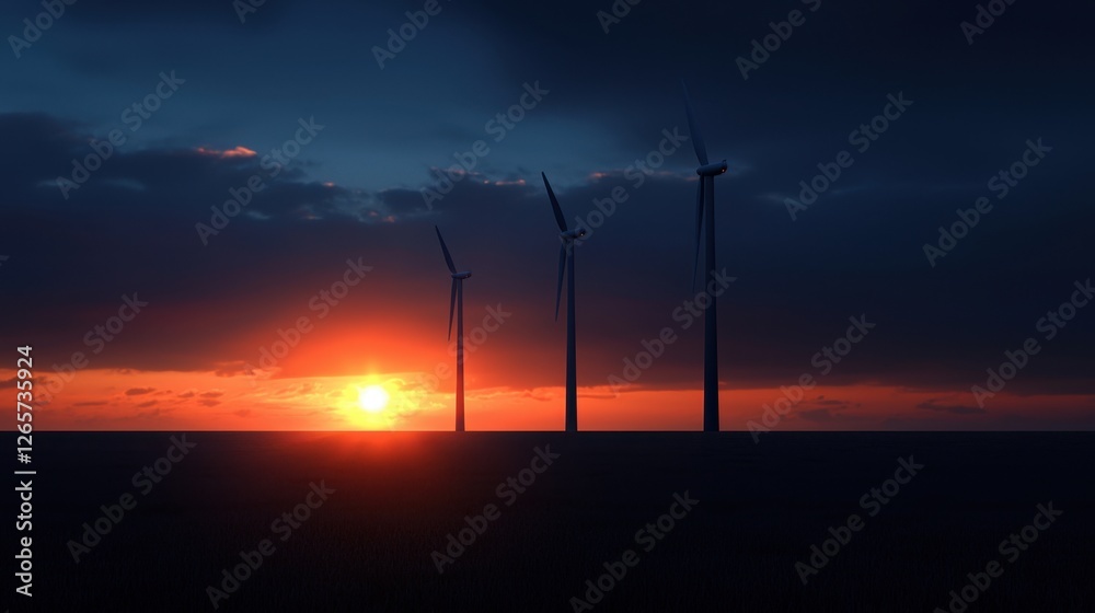 Three wind turbines are silhouetted against a sunset sky Three wind turbines are silhouetted against a sunset sky
