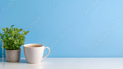 Wallpaper Mural Coffee break, plant, desk, blue wall, workspace Torontodigital.ca