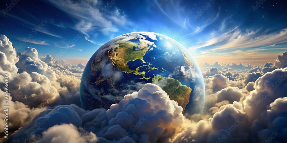 Naklejka premium Earth Rising Above Clouds: Stunning Aerial View of Planet