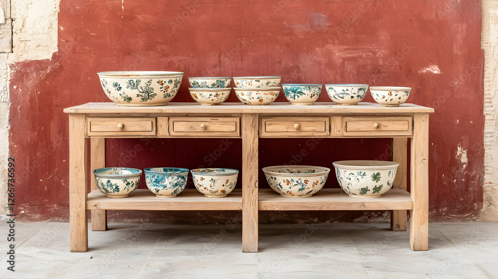 Fototapeta premium Hand-painted ceramic bowls displayed on wooden table against rustic red wall; perfect for home decor or culinary websites
