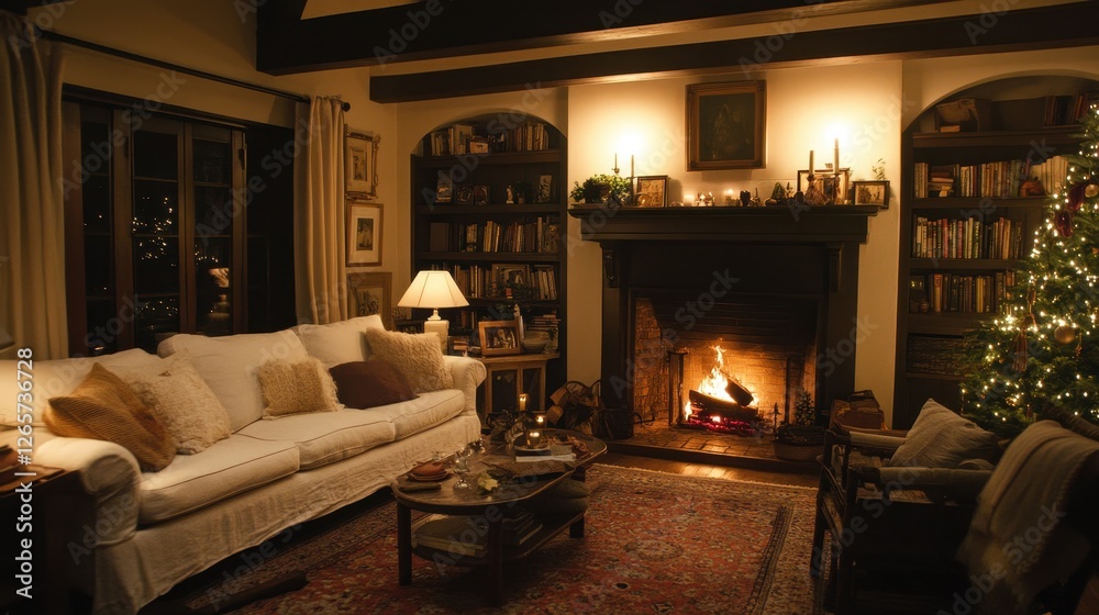Cozy living room with fireplace and christmas tree glows warmly Cozy living room with fireplace and christmas tree glows warmly