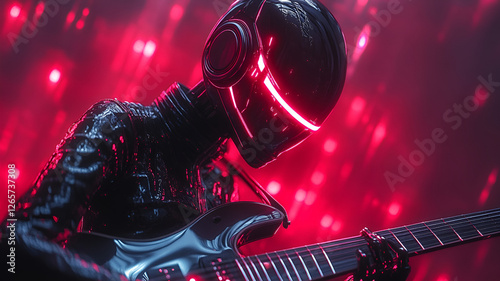 Anime style robotic musician playing futuristic electric guitar, glowing red lights create vibrant atmosphere