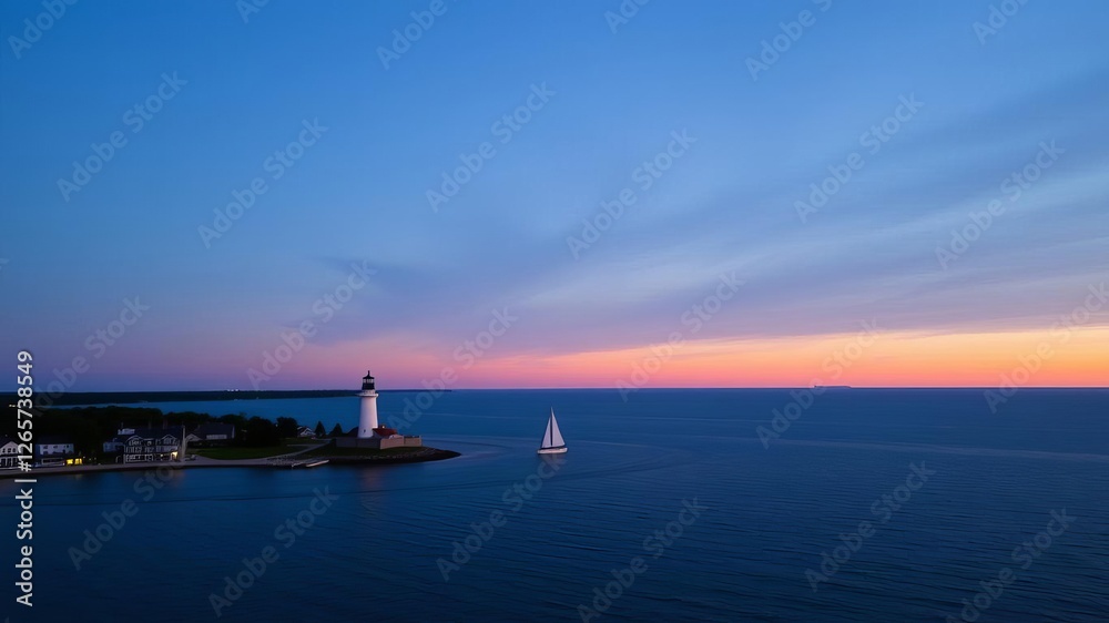 Aerial view of St Joseph lighthouse and sailboat at sunset, evening, horizon, vacation Aerial view of St Joseph lighthouse and sailboat at sunset, evening, horizon, vacation