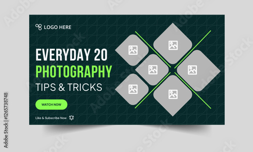 Everyday photography tips and tricks video thumbnail banner design, daily photography techniques video cover banner design, fully editable vector eps 10 file  format