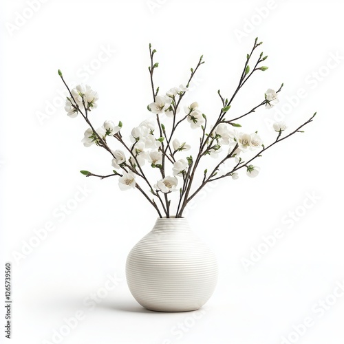 Delicate white flowers in a modern ceramic vase, white isolated background.