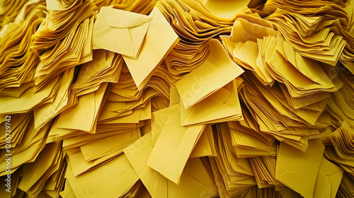Stack of yellow envelopes, factory production, close-up, mass mail preparation