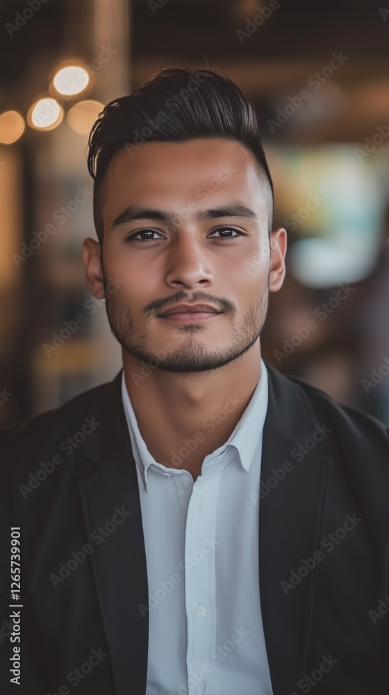 Obraz premium Portrait of confident young man with modern hairstyle wearing dark jacket over white shirt in professional setting