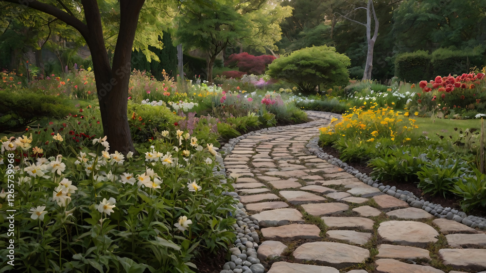 A meandering stone paved path winds through a vibrant garden, bordered by a variety of blooming flowers and lush greenery. A meandering stone paved path winds through a vibrant garden, bordered by a variety of blooming flowers and lush greenery.