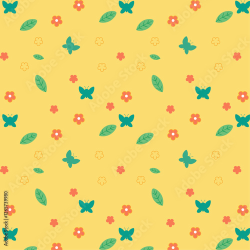 Colorful Pattern with Butterflies, Flowers, and Leaves on Yellow Background