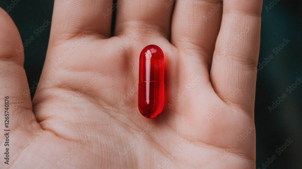 Pill in hand, A vivid image of a bright red pill centered on a surface with a high fidelity quality. Pill in hand, A vivid image of a bright red pill centered on a surface with a high fidelity quality.