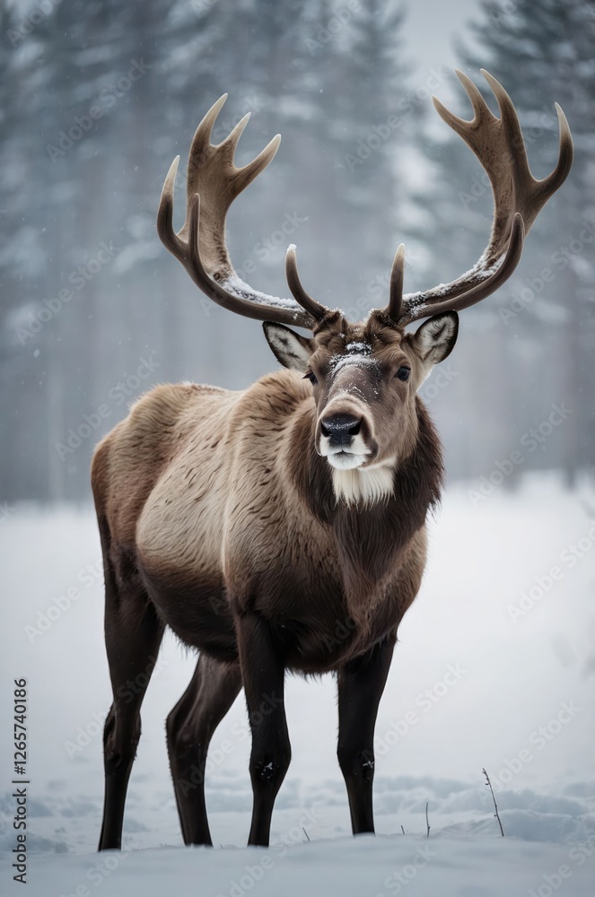 A majestic reindeer stands in a snowy landscape, showcasing its impressive antlers. A majestic reindeer stands in a snowy landscape, showcasing its impressive antlers.