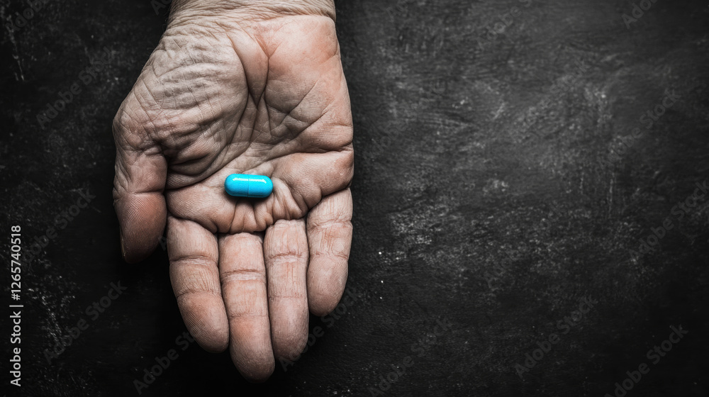 Pill in hand, An elderly person's wrinkled hand holding a single blue object, high fidelity image at 4.3x resolution. Pill in hand, An elderly person's wrinkled hand holding a single blue object, high fidelity image at 4.3x resolution.