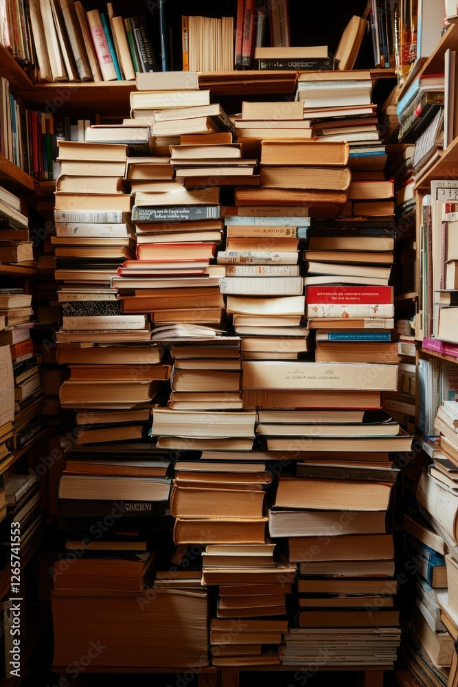 Fototapeta premium Stacks of books fill shelves in a home library, suggesting learning and reading