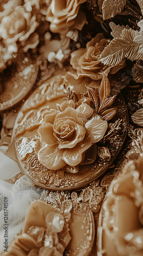 Close-up of ornate, rose-decorated, golden mirror among similar items; wedding decor; studio setting; craft fair use photo