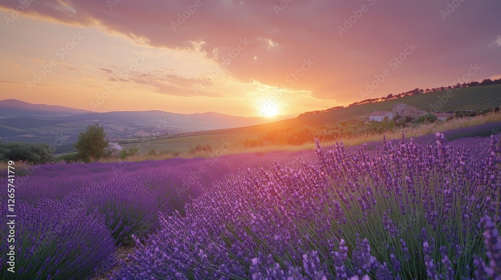 Naklejka premium Stunning Sunset Over Vibrant Lavender Field with Rolling Hills and Colorful Sky