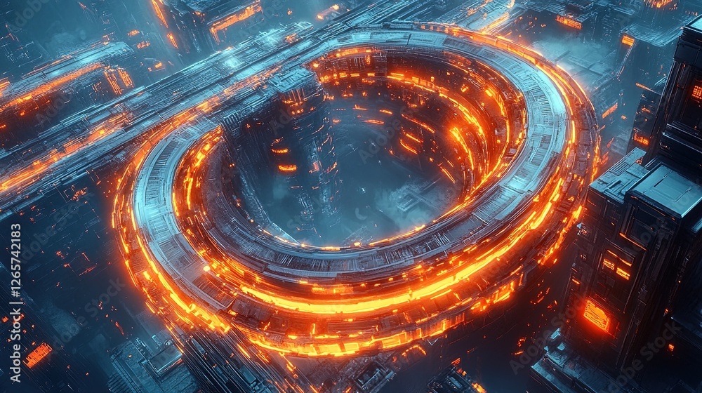 A maze of glowing train tracks winding through a futuristic city, paths to victory or derailment, dynamic and sleek A maze of glowing train tracks winding through a futuristic city, paths to victory or derailment, dynamic and sleek