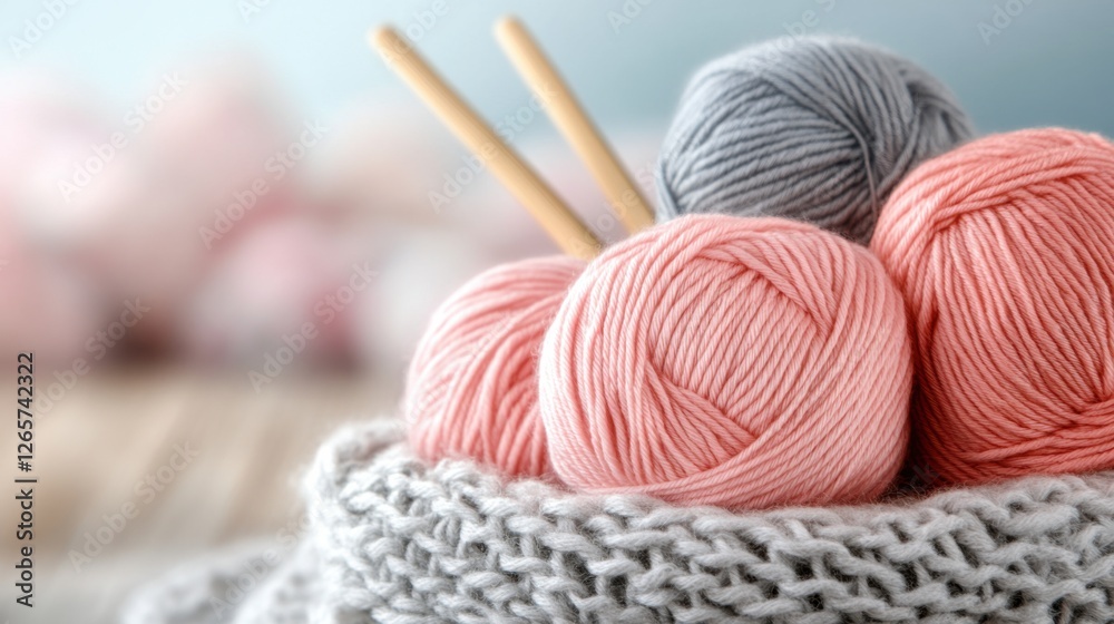 Creating cozy crafts with soft pink and gray yarn in a warm and inviting setting perfect for knitting lovers and crafters alike