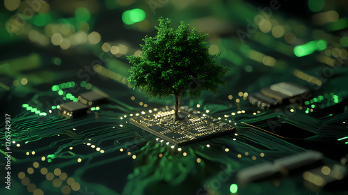 Tree on Circuit Board in Green Tone