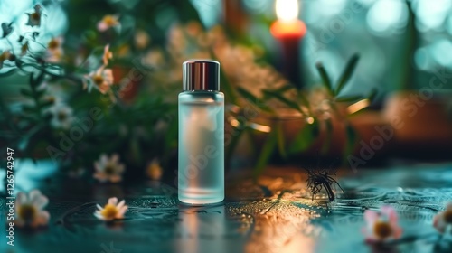 A small, frosted glass roller bottle filled with essential oil blend. The metal rollerball slightly glistens with oil. photo