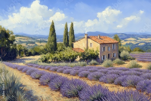 Serene Lavender Fields with Charming House and Cypress Trees under a Bright Blue Sky