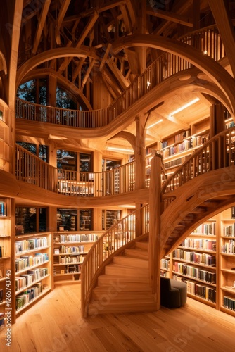 Wallpaper Mural Cozy wooden library with stairs and shelves full of books. Night view. Study room Torontodigital.ca