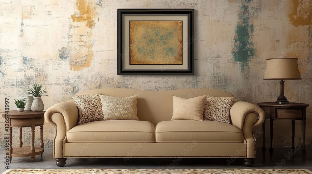 Beige sofa under framed painting against textured wall inside room Beige sofa under framed painting against textured wall inside room