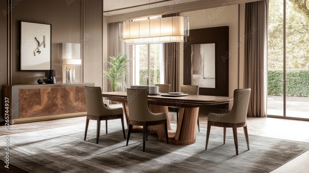 Elegant dining room features wooden table and stylish furniture