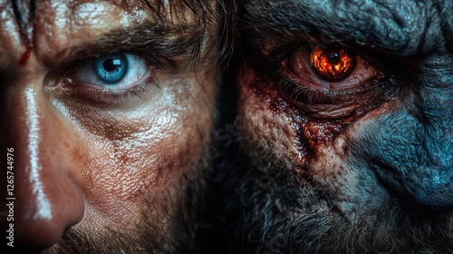 Extreme close-up of two eyes: human and demonic