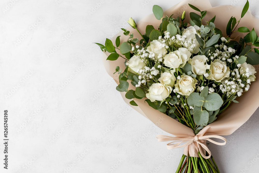 Obraz premium A delicate bouquet features elegant white roses, accented with sprigs of lush greenery and tiny white flowers, wrapped in soft beige paper and tied with a ribbon. The composition exudes freshness.