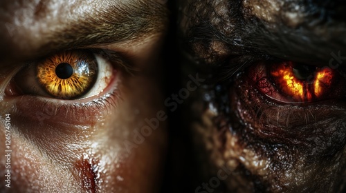 Extreme close-up of two eyes: human and demonic