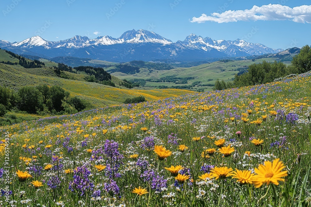 Fototapeta premium Vibrant Wildflower Meadow with Snow-Capped Mountains in the Background Against a Clear Blue Sky