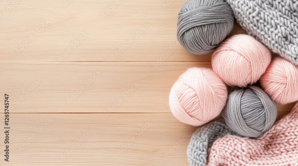 Cozy knitting setup featuring soft pink and gray yarn with delicate fibers in warm light creating a inviting handmade atmosphere perfect for creative projects Cozy knitting setup featuring soft pink and gray yarn with delicate fibers in warm light creating a inviting handmade atmosphere perfect for creative projects