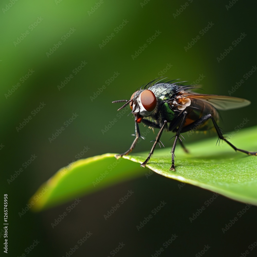 Close-up of a fly perched on a leaf with blurry green background Close-up of a fly perched on a leaf with blurry green background