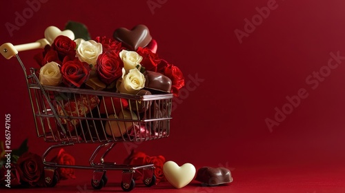 Roses chocolates and a mini shopping cart of valentines day gifts photo