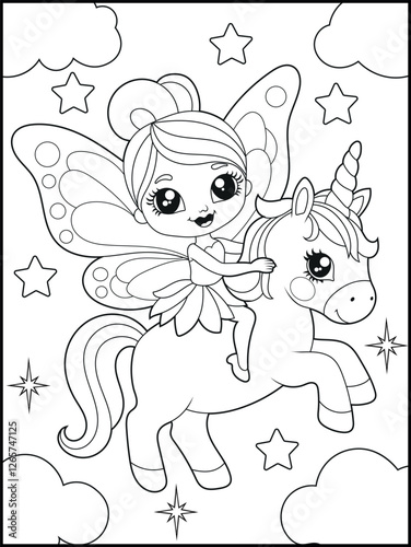 Black and white fairy coloring pages for kids. Children's coloring books with cute cartoon fairy and unicorn characters, fun and educational materials for kindergarten.