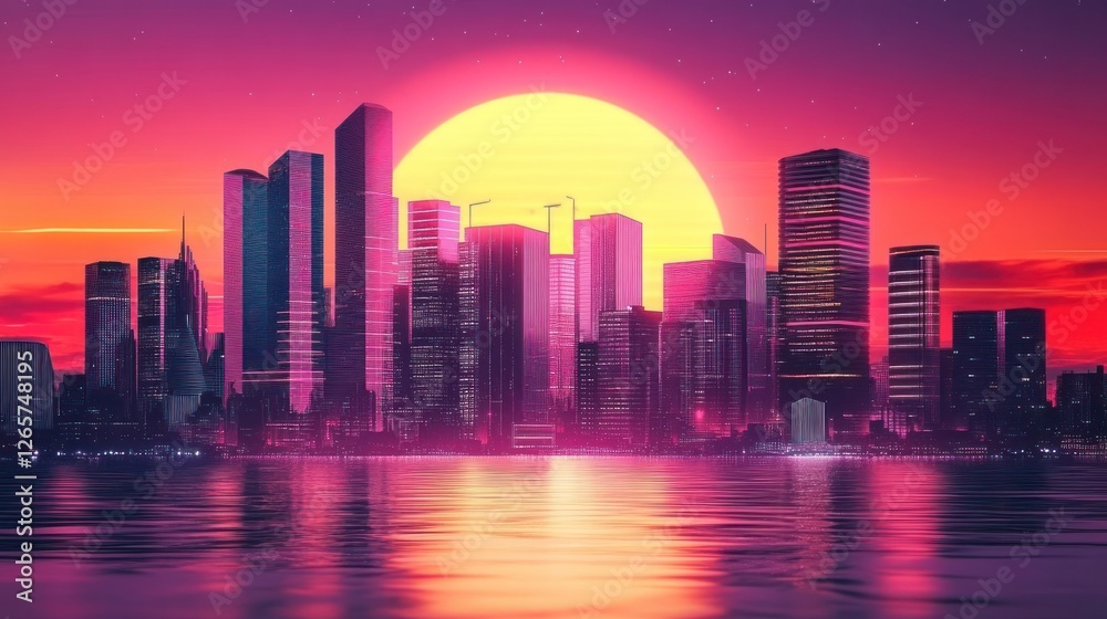 Obraz premium Vaporwave cityscape sunset over water with retro futuristic color palette