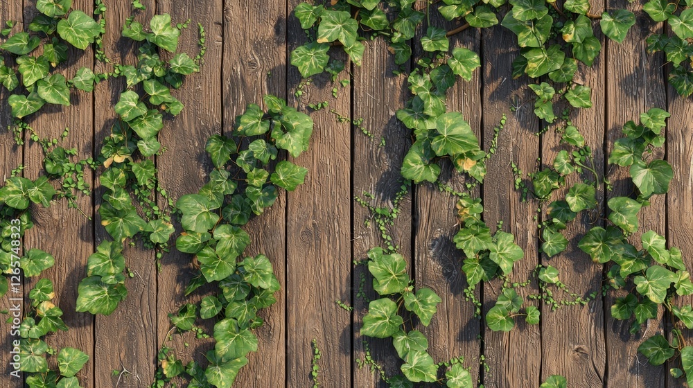Climbing ivy on weathered wooden planks