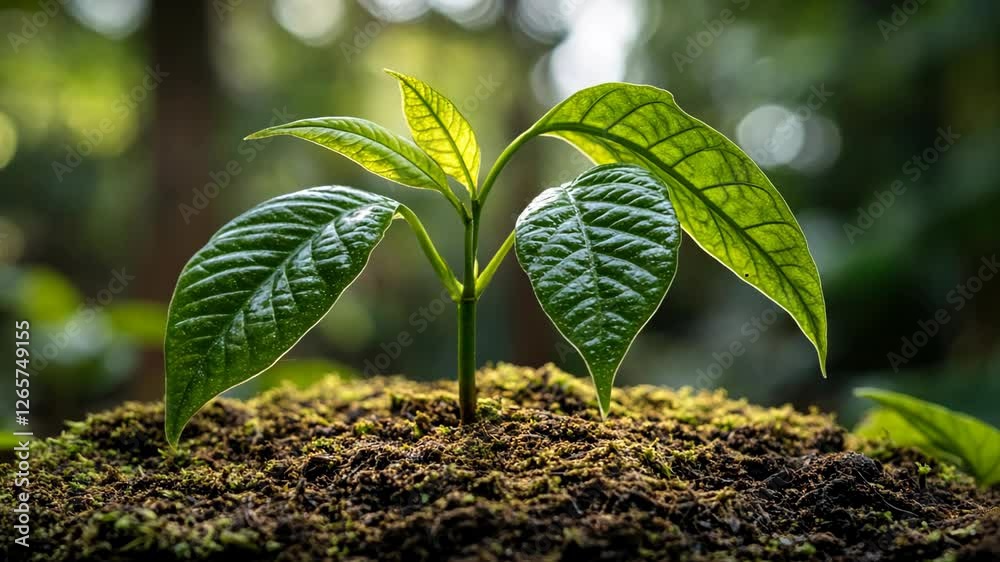 Young plant emerging from rich soil in a lush green environment during daylight
