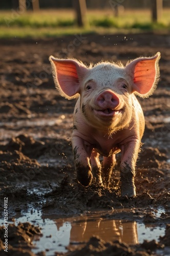 A joyful pig running through muddy ground, capturing a playful moment in nature.